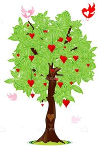 Love bird flying around tree with heart